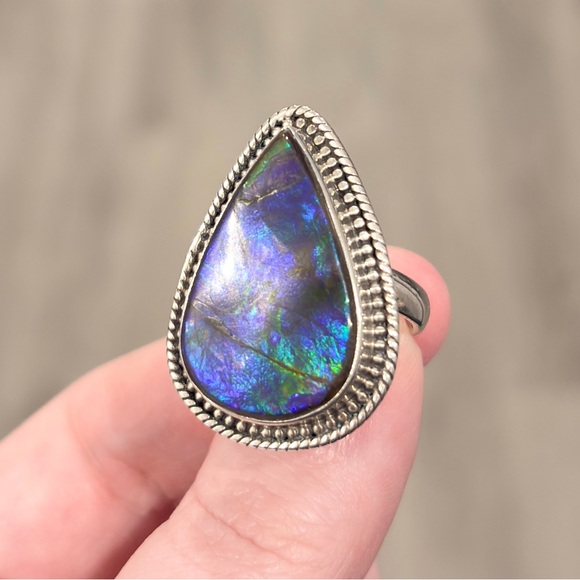 Vintage Sterling Large Blue Ammolite Ring, Triangle Doublet Adjustable Band
